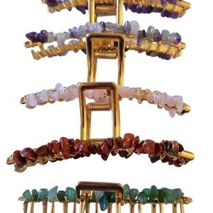 Lot of 5, NEW, large, gold tone metal hair claws with wire wrapped gemstones